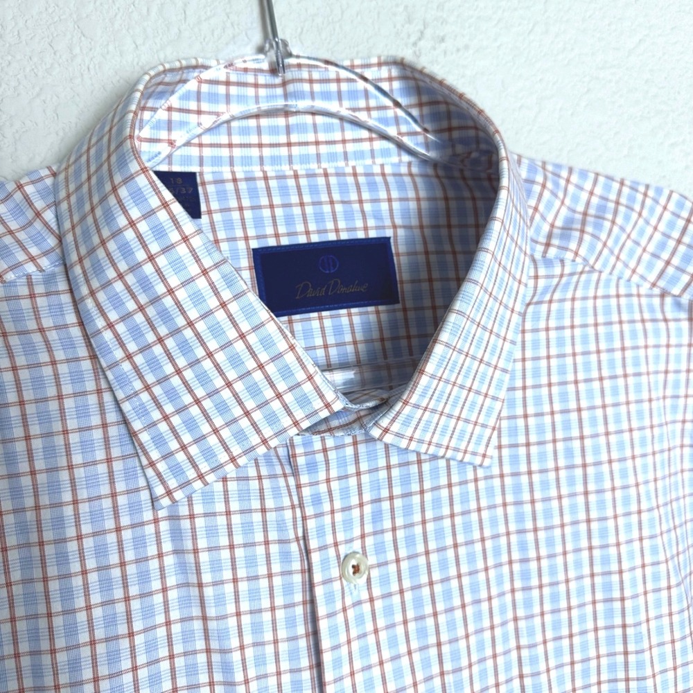 David Donahue Mens 18 36/37 Blue Orange Plaid Cotton Button Down Dress Shirt